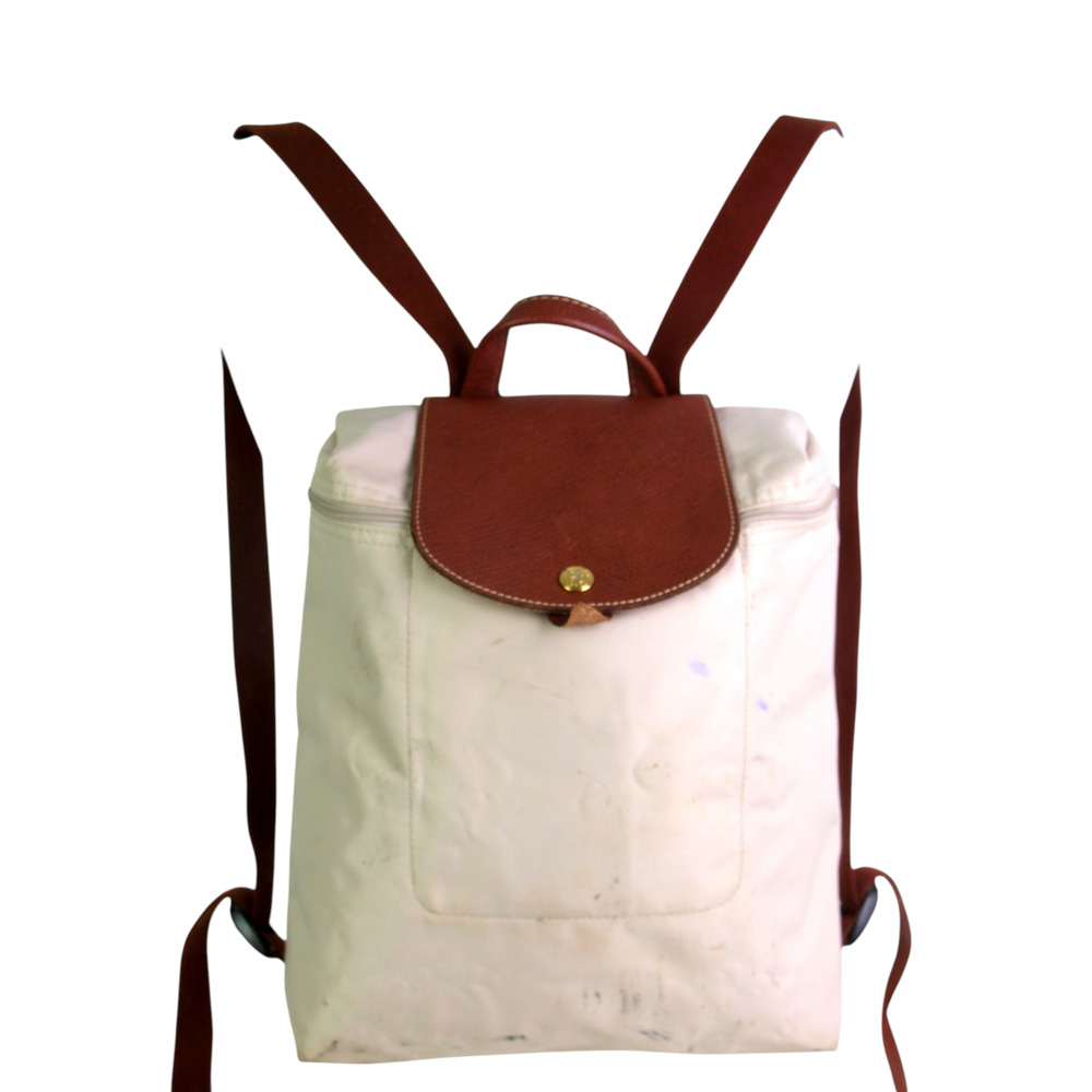 Longchamp OFF WHITE NYLON BROWN LEATHER TRIM BACKPACK SHOULDER BAG HANDBAG PURSE